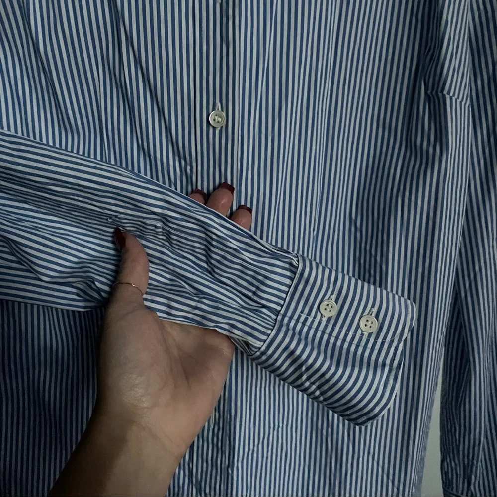 J Crew Navy Striped Button Down Blouse - Picture 2 of 4